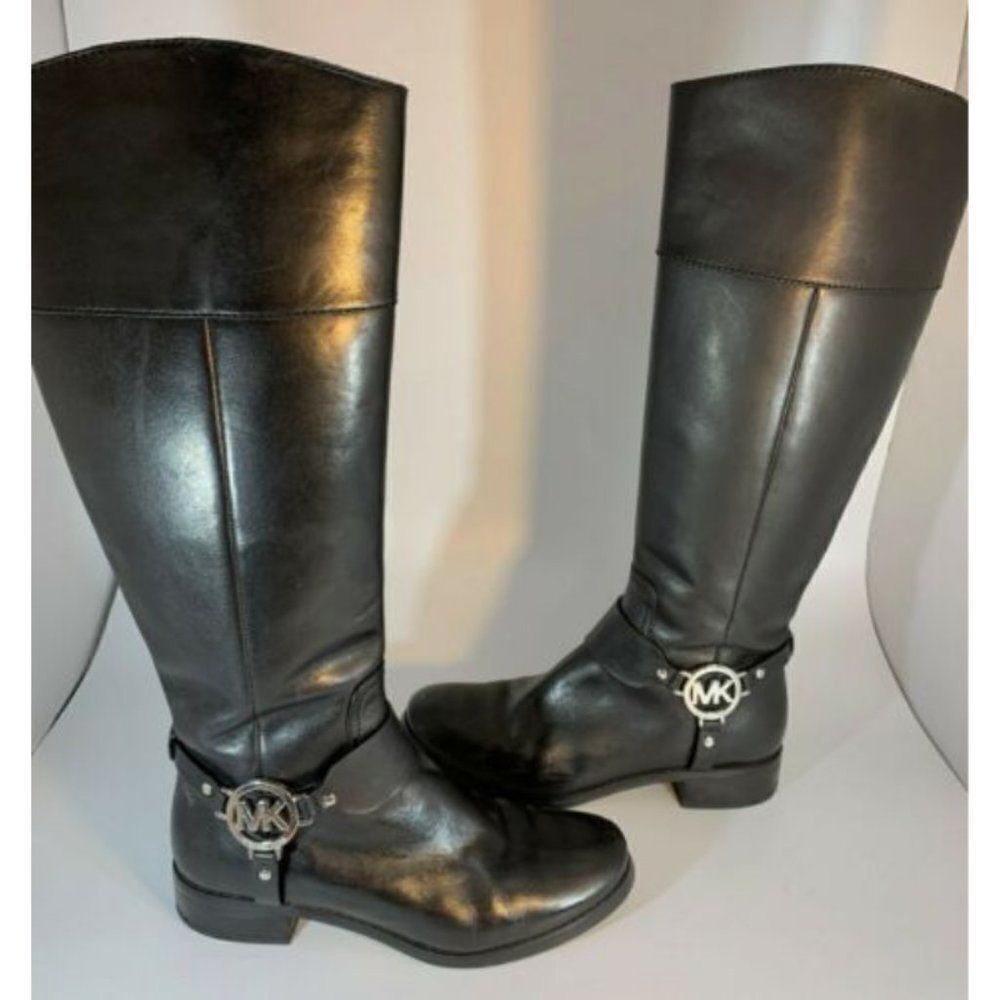 Michael Kors Women Black Leather Riding Harness Boots Knee High Size 6M